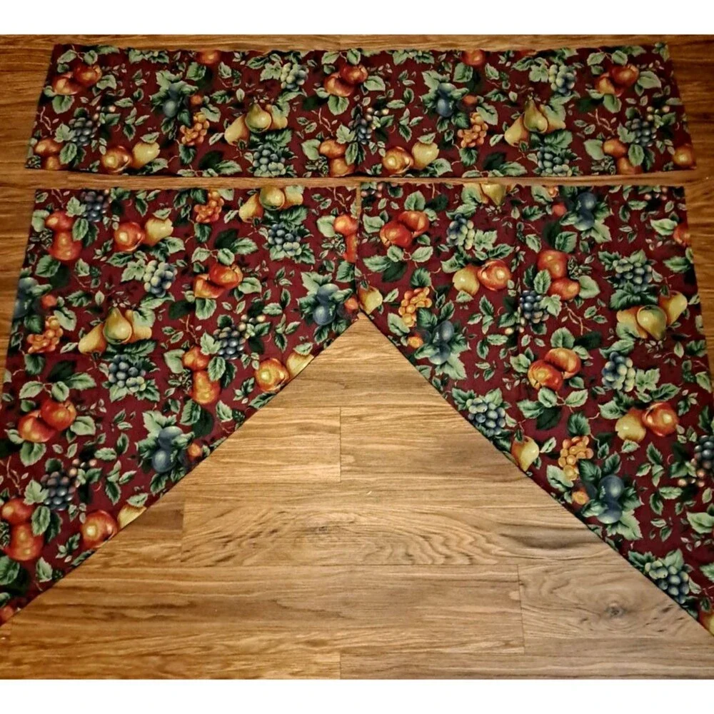 Vintage Red Fruit Harvest Curtain Valance Set Apple Pears Plums 58x13 Cottage
